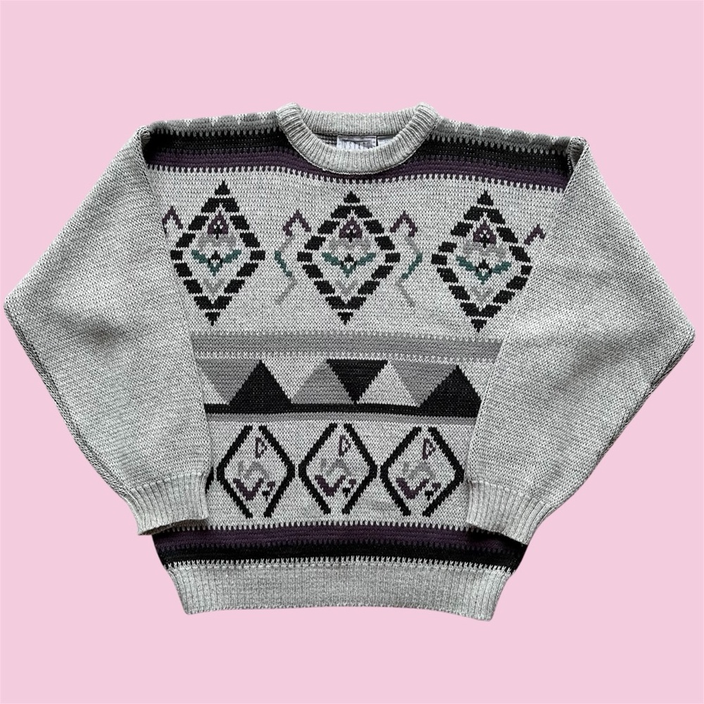 Vintage 90s Estate Geometric Diamond Knit Sweater Crewneck Grey Large
